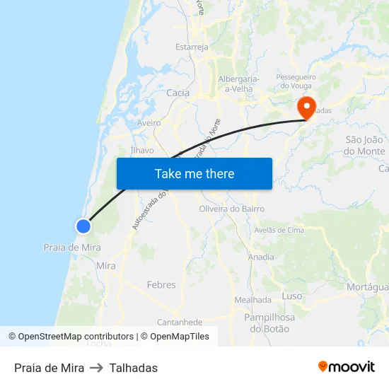 Praia de Mira to Talhadas map