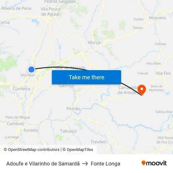 Adoufe e Vilarinho de Samardã to Fonte Longa map