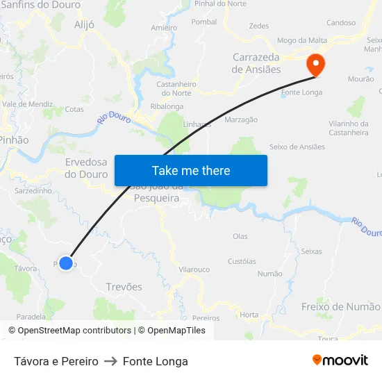 Távora e Pereiro to Fonte Longa map