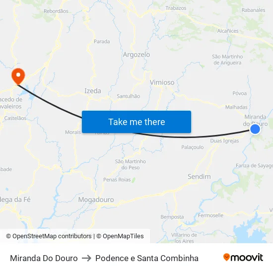 Miranda Do Douro to Podence e Santa Combinha map