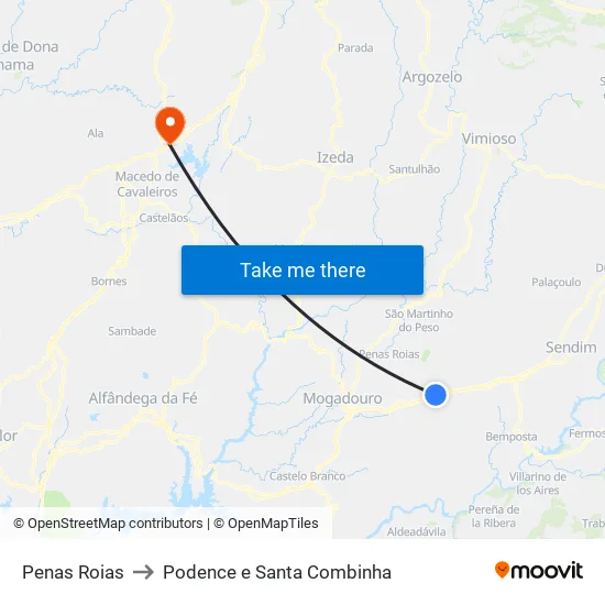 Penas Roias to Podence e Santa Combinha map