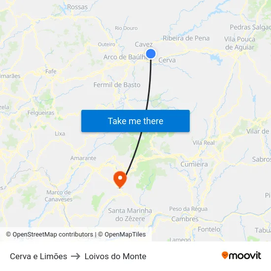 Cerva e Limões to Loivos do Monte map