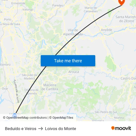 Beduído e Veiros to Loivos do Monte map