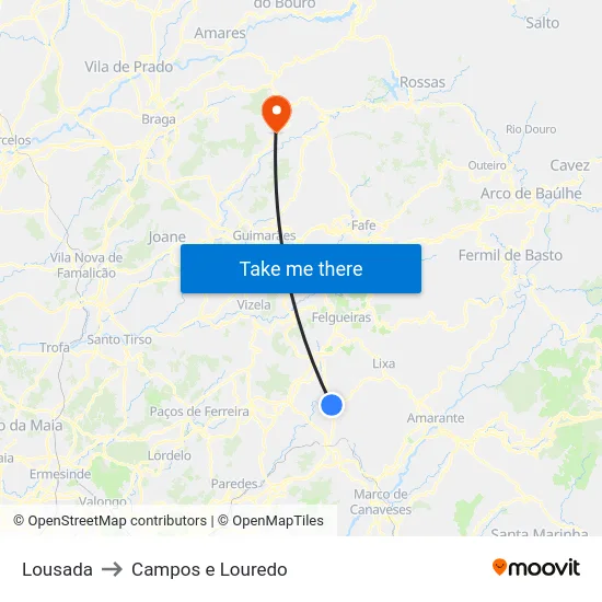 Lousada to Campos e Louredo map