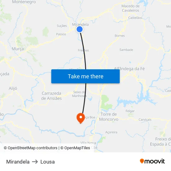 Mirandela to Lousa map