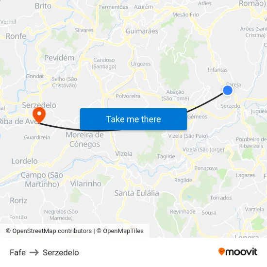 Fafe to Serzedelo map