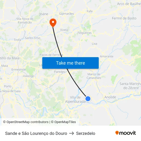Sande e São Lourenço do Douro to Serzedelo map