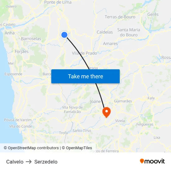 Calvelo to Serzedelo map