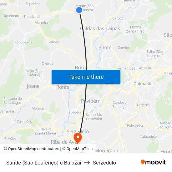 Sande (São Lourenço) e Balazar to Serzedelo map