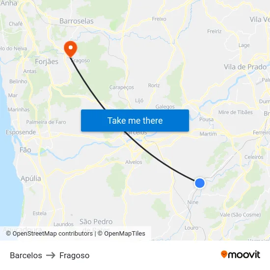 Barcelos to Fragoso map