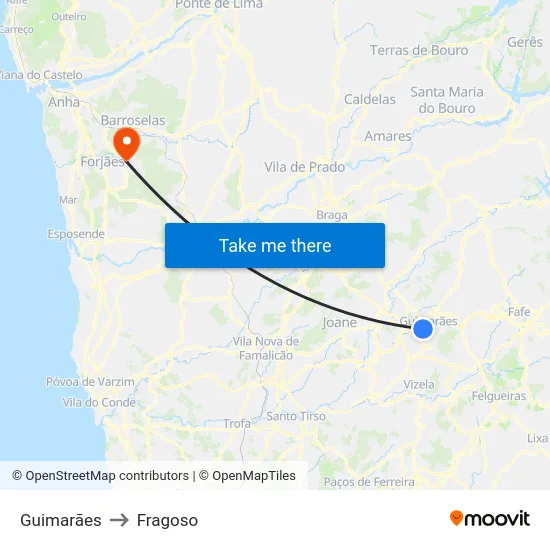 Guimarães to Fragoso map