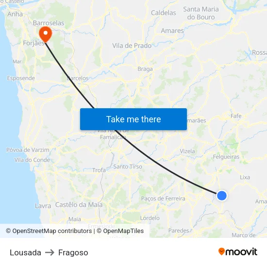 Lousada to Fragoso map
