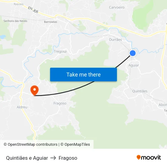 Quintiães e Aguiar to Fragoso map