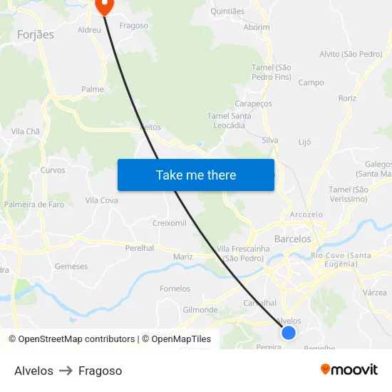 Alvelos to Fragoso map