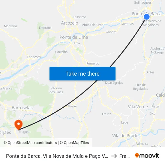 Ponte da Barca, Vila Nova de Muía e Paço Vedro de Magalhães to Fragoso map