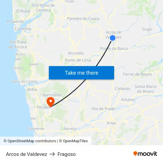 Arcos de Valdevez to Fragoso map