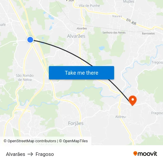 Alvarães to Fragoso map