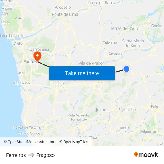 Ferreiros to Fragoso map