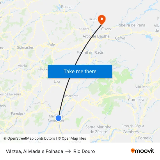 Várzea, Aliviada e Folhada to Rio Douro map
