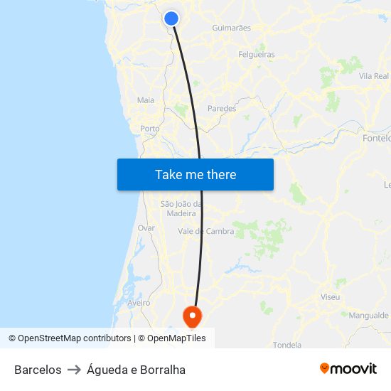 Barcelos to Águeda e Borralha map