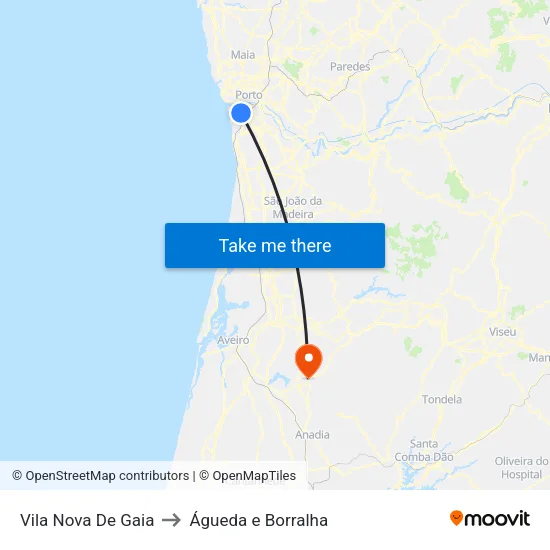Vila Nova De Gaia to Águeda e Borralha map