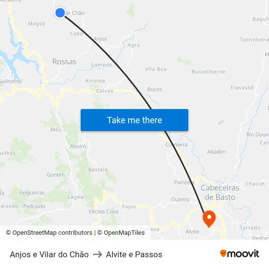 Anjos e Vilar do Chão to Alvite e Passos map