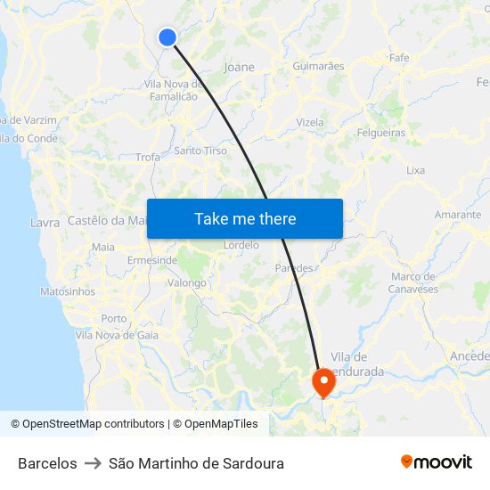 Barcelos to São Martinho de Sardoura map