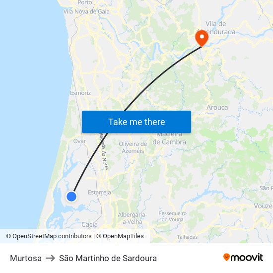 Murtosa to São Martinho de Sardoura map