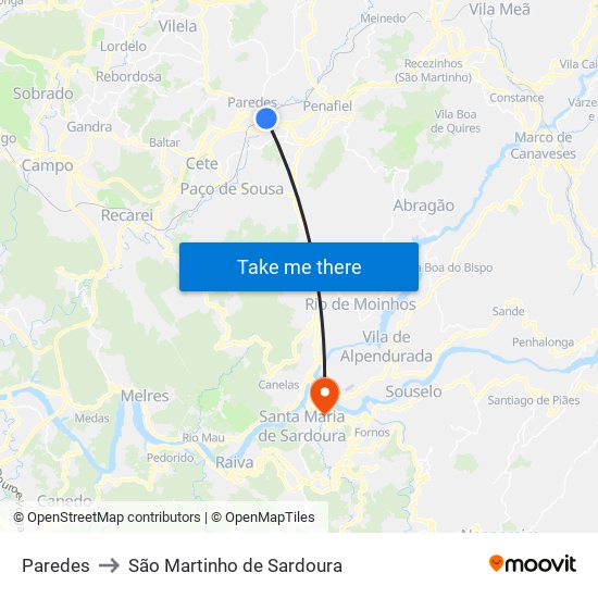 Paredes to São Martinho de Sardoura map