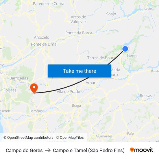 Campo do Gerês to Campo e Tamel (São Pedro Fins) map