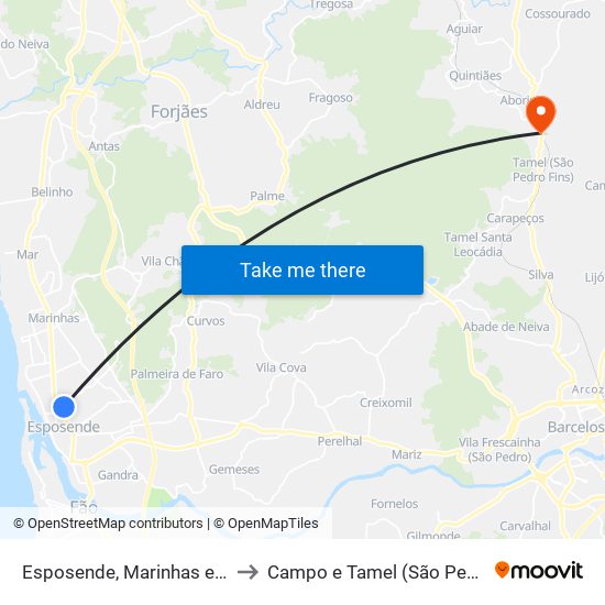 Esposende, Marinhas e Gandra to Campo e Tamel (São Pedro Fins) map