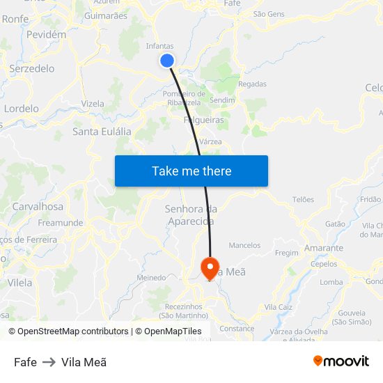 Fafe to Vila Meã map