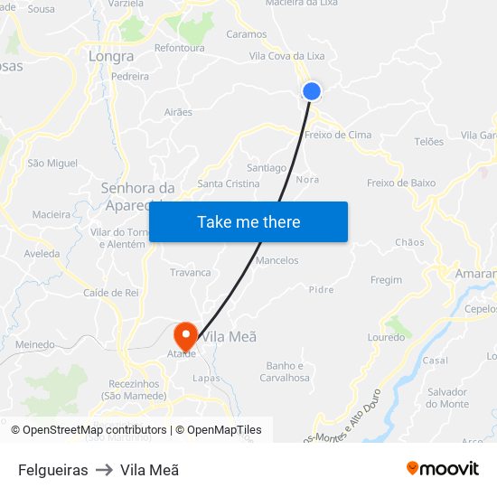 Felgueiras to Vila Meã map