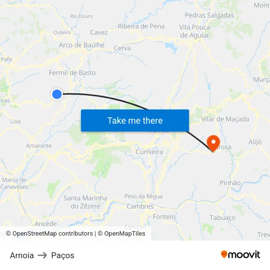 Arnoia to Paços map