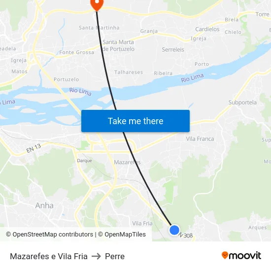 Mazarefes e Vila Fria to Perre map