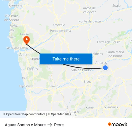 Águas Santas e Moure to Perre map