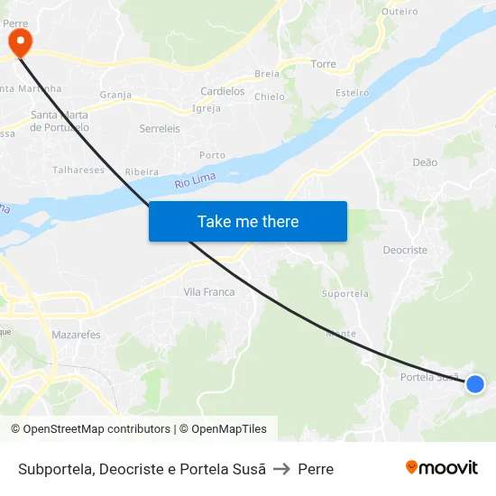 Subportela, Deocriste e Portela Susã to Perre map