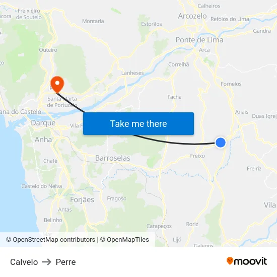 Calvelo to Perre map