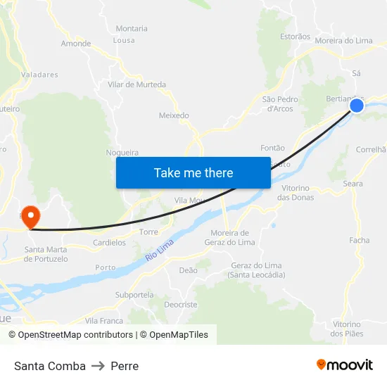 Santa Comba to Perre map
