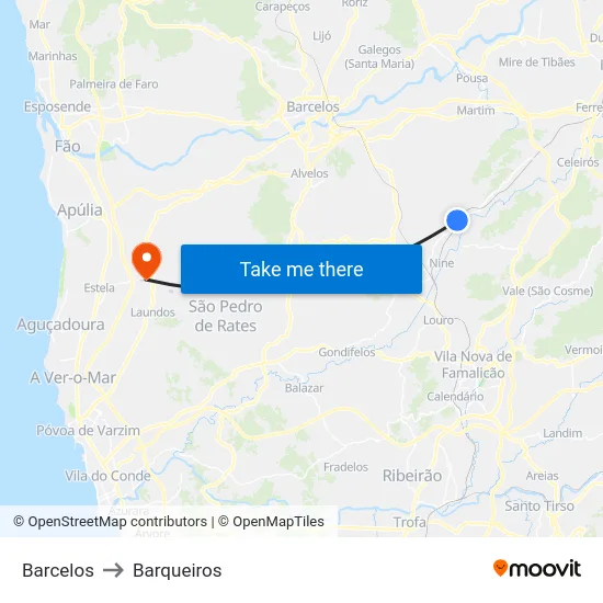 Barcelos to Barqueiros map
