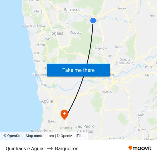 Quintiães e Aguiar to Barqueiros map