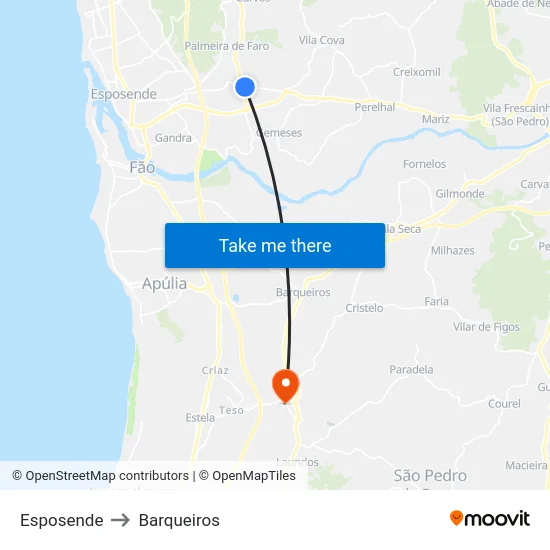 Esposende to Barqueiros map