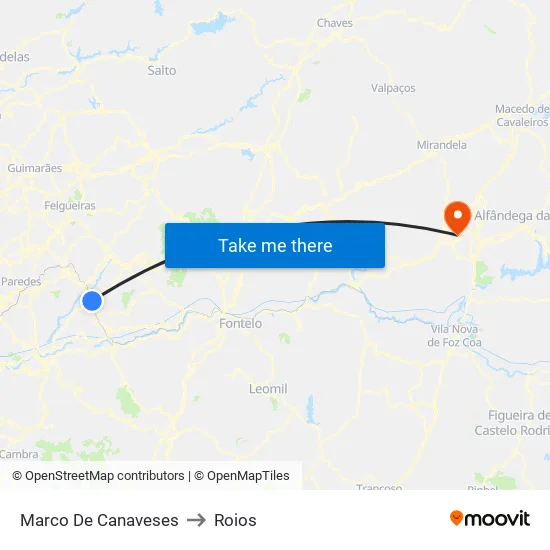 Marco De Canaveses to Roios map