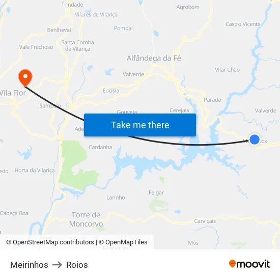 Meirinhos to Roios map