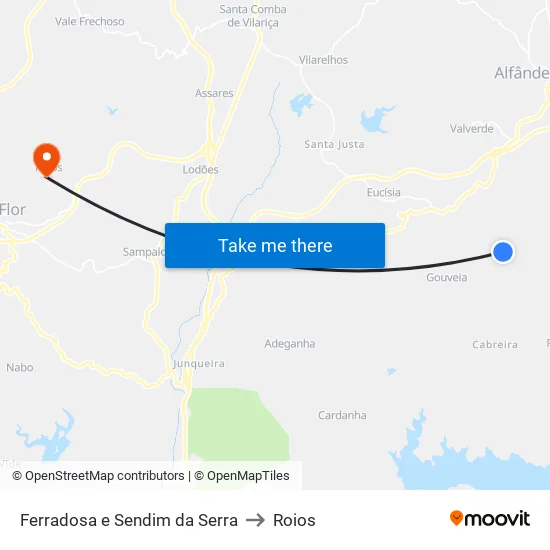 Ferradosa e Sendim da Serra to Roios map