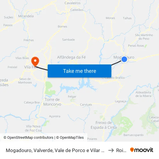 Mogadouro, Valverde, Vale de Porco e Vilar de Rei to Roios map