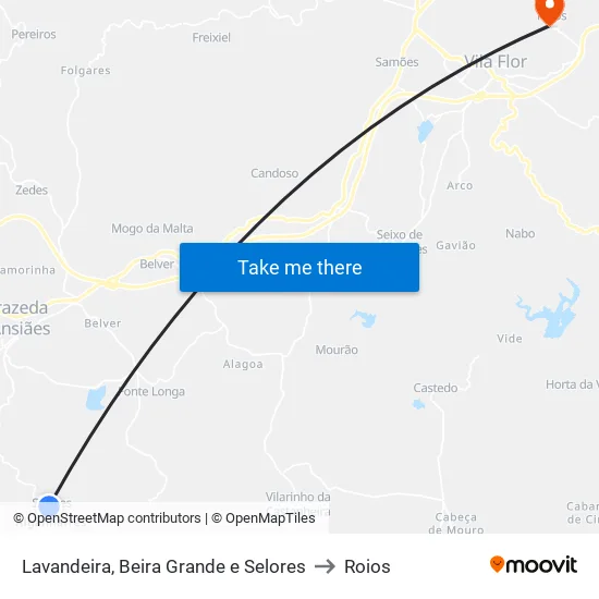 Lavandeira, Beira Grande e Selores to Roios map