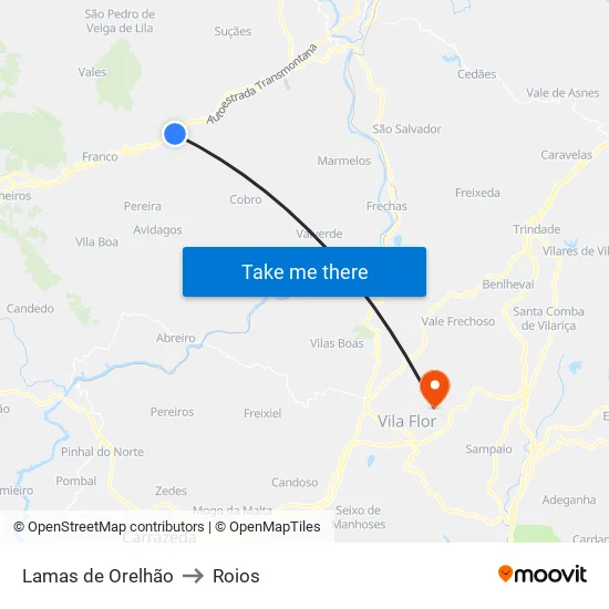 Lamas de Orelhão to Roios map