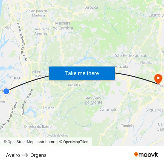 Aveiro to Orgens map