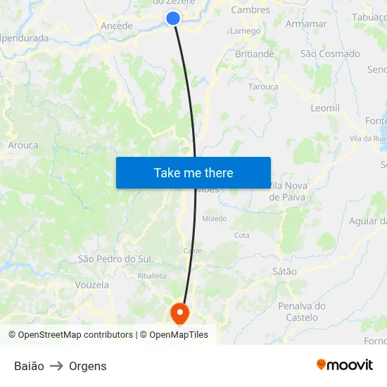 Baião to Orgens map